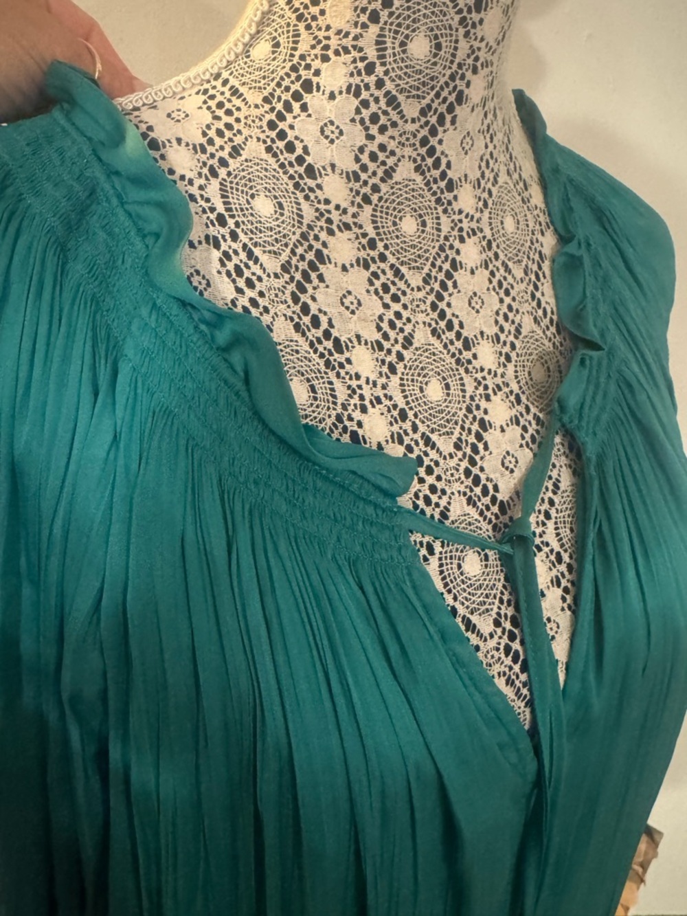 Anthropologie Giulia Long Puff Sleeve Green Spliced Neck Tie Tunic Dress Size XS - Picture 6 of 7